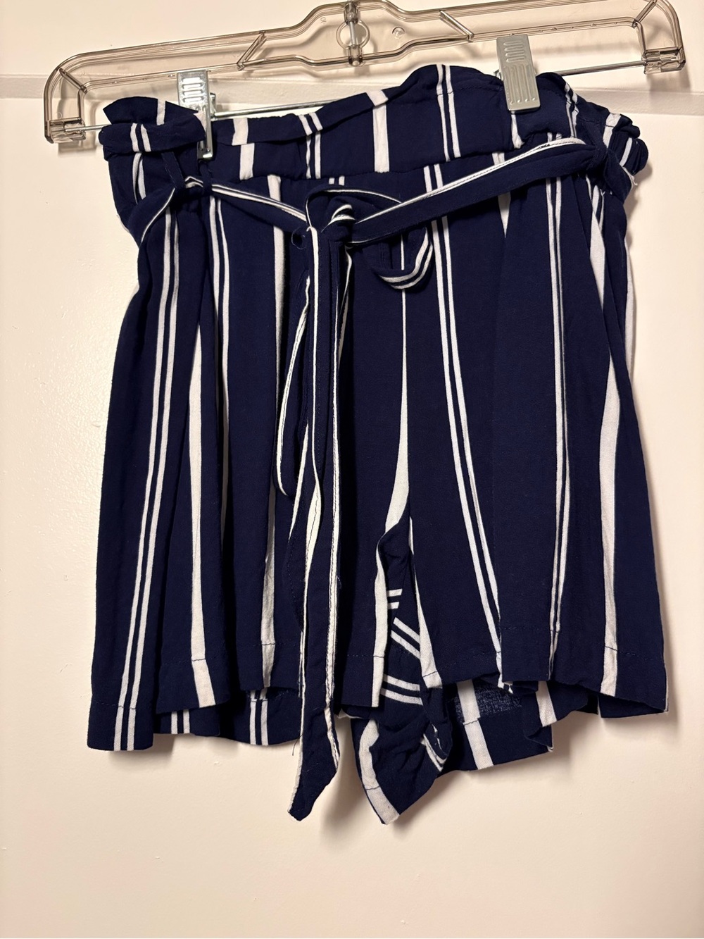 Charlotte Russe Navy and White Vertical Stripe Paperbag Shorts with Tie